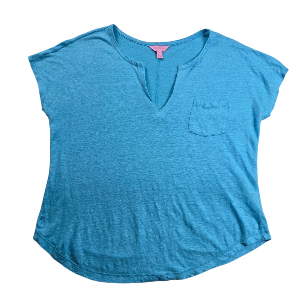 Lilly Pulitzer Blue 100% Linen V-Neck Pocket Tee Top Size Medium